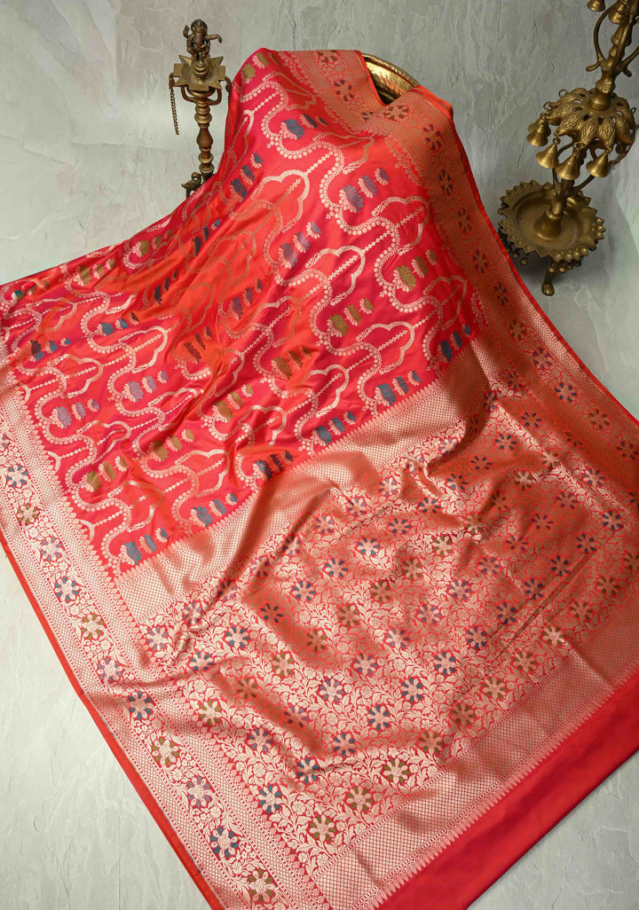 Pink Orange  Dual Tone Meenakari Detailing on Banarasi Semi Mashru Silk Saree With Floral jaal Brocade and Zari Border