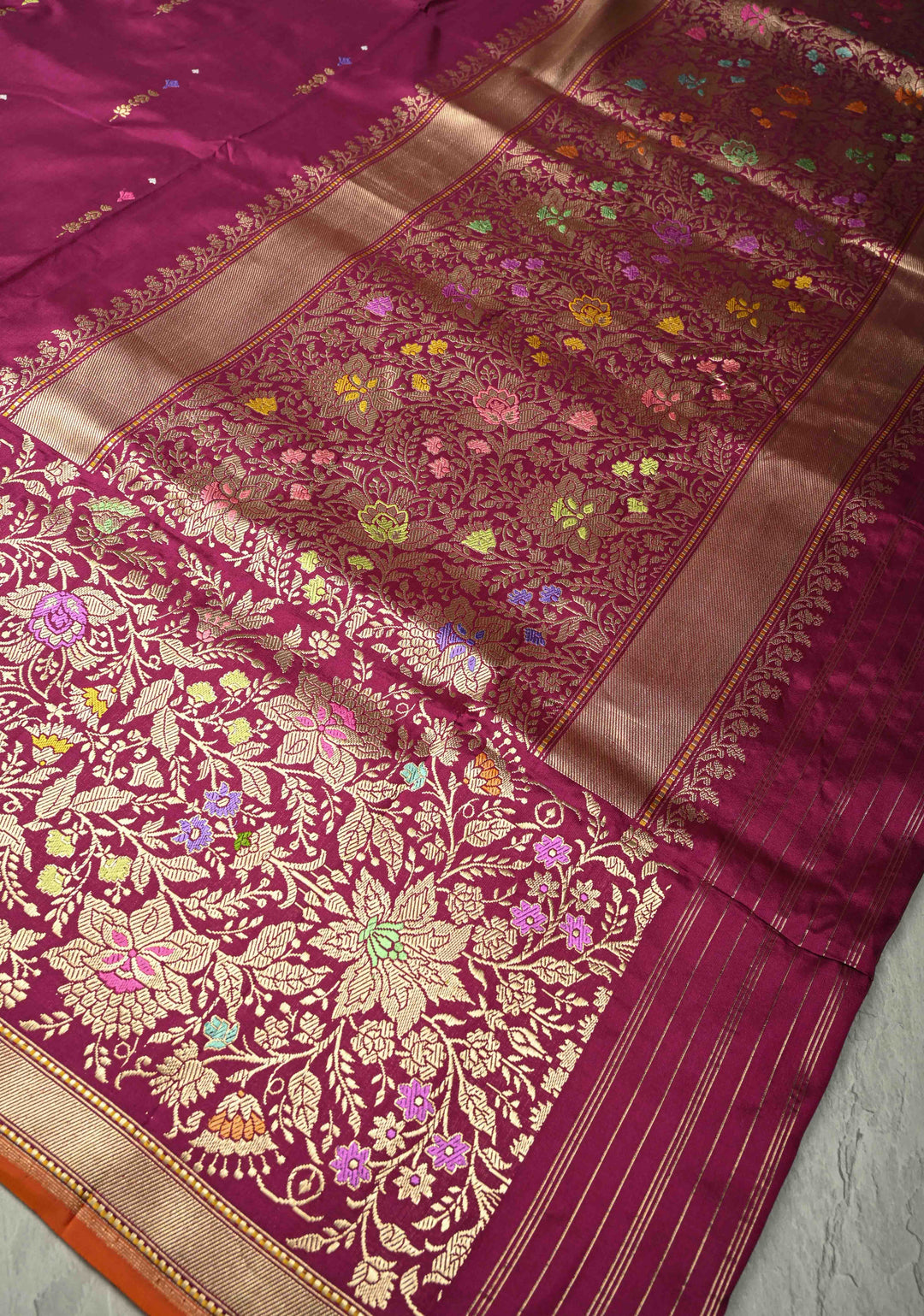 Dark Fuchsia Banarasi Meenakari Detailing on Kadhuwa Weave Pure Katan Silk Saree with Floral Zari Buttas and Skirt Border | SILK MARK CERTIFIED