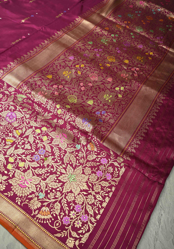 Dark Fuchsia Banarasi Meenakari Detailing on Kadhuwa Weave Pure Katan Silk Saree with Floral Zari Buttas and Skirt Border | SILK MARK CERTIFIED