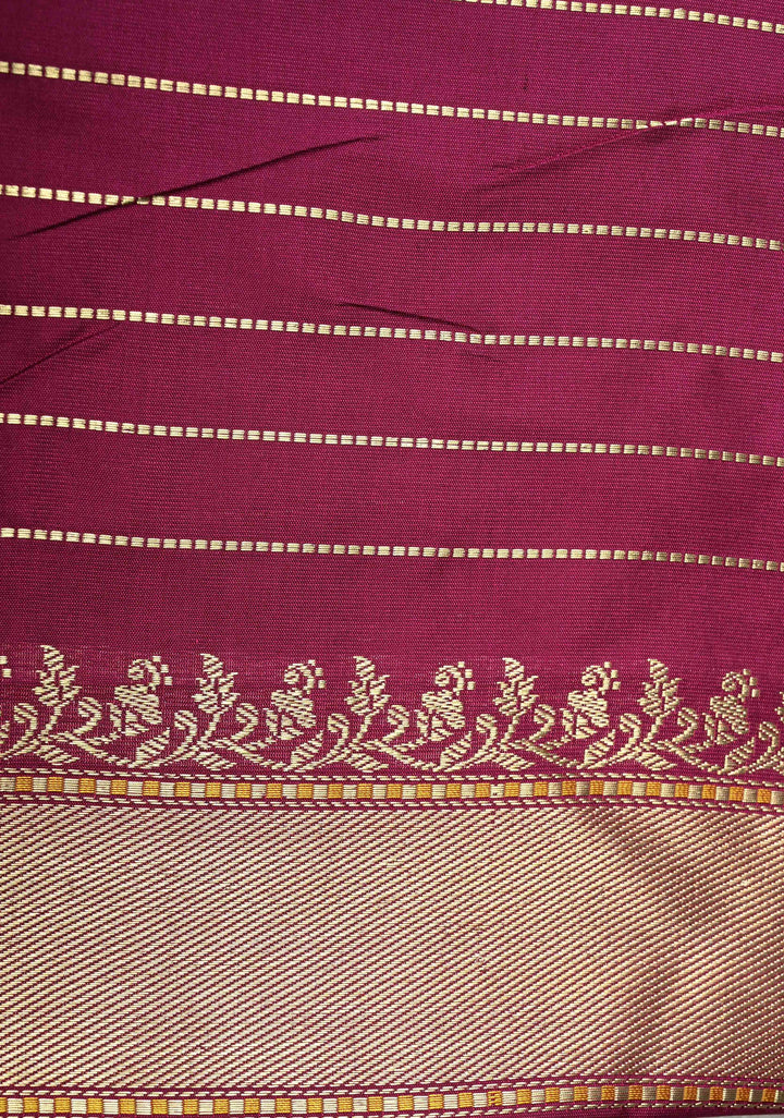 Dark Fuchsia Banarasi Meenakari Detailing on Kadhuwa Weave Pure Katan Silk Saree with Floral Zari Buttas and Skirt Border | SILK MARK CERTIFIED