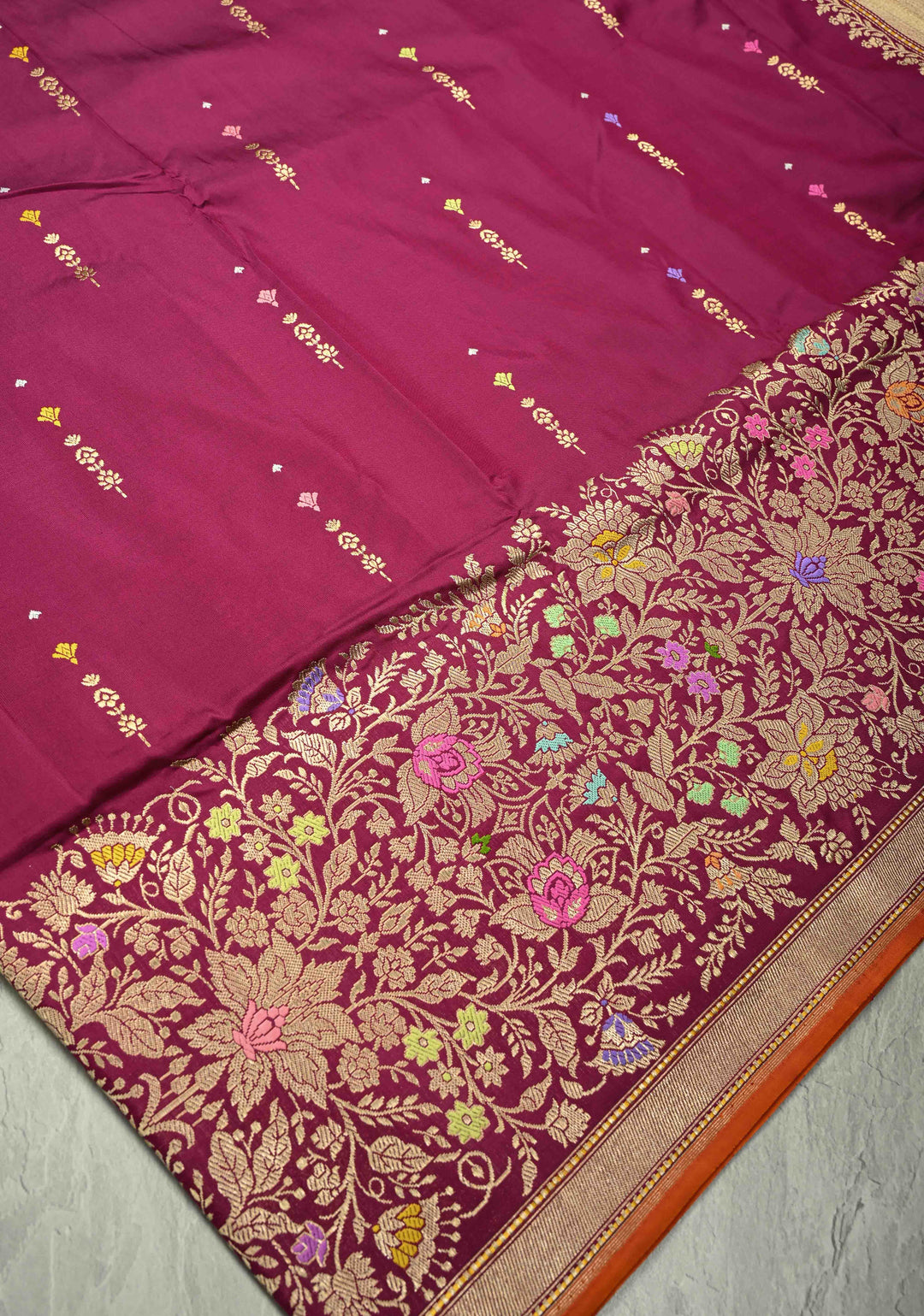 Dark Fuchsia Banarasi Meenakari Detailing on Kadhuwa Weave Pure Katan Silk Saree with Floral Zari Buttas and Skirt Border | SILK MARK CERTIFIED