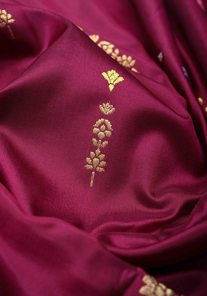 Dark Fuchsia Banarasi Meenakari Detailing on Kadhuwa Weave Pure Katan Silk Saree with Floral Zari Buttas and Skirt Border | SILK MARK CERTIFIED