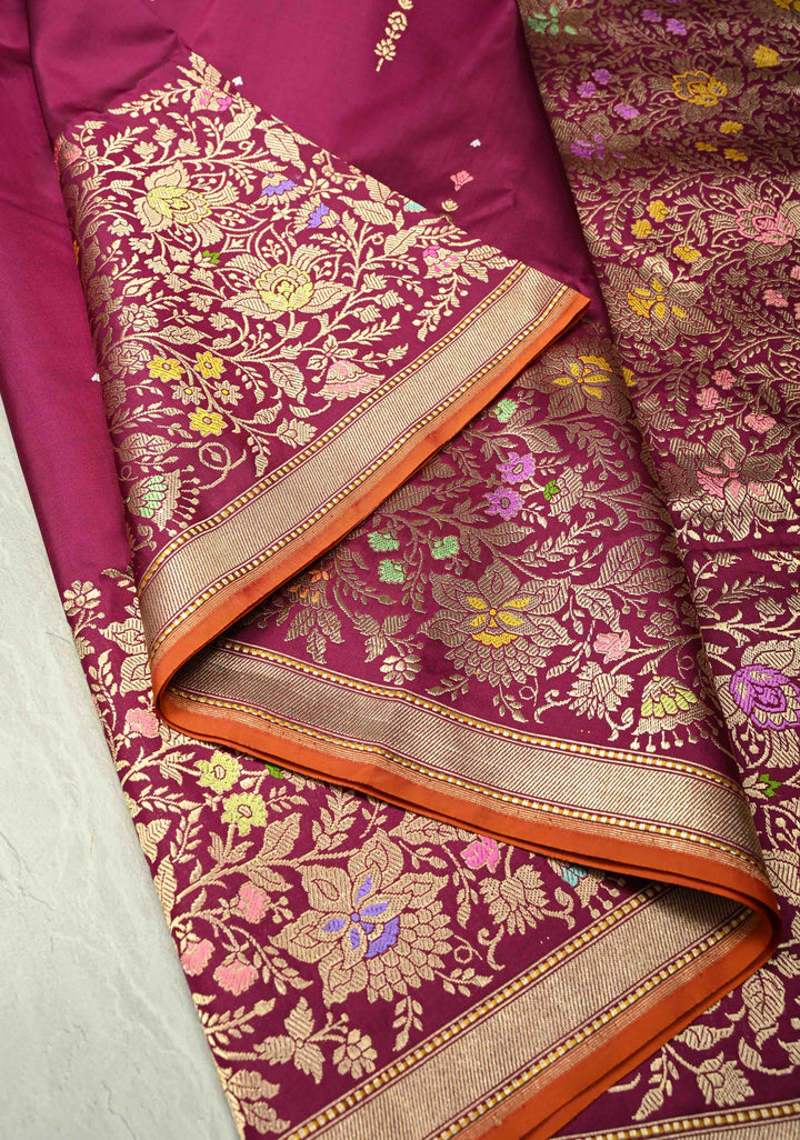Dark Fuchsia Banarasi Meenakari Detailing on Kadhuwa Weave Pure Katan Silk Saree with Floral Zari Buttas and Skirt Border | SILK MARK CERTIFIED