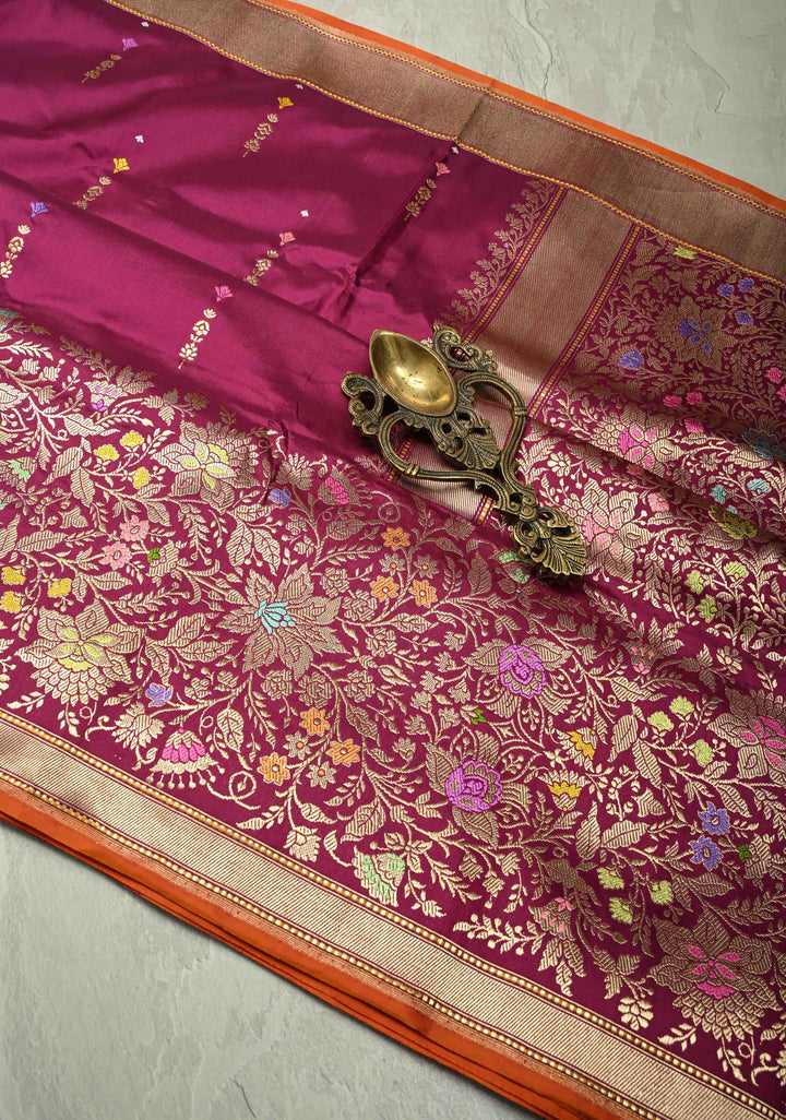 Dark Fuchsia Banarasi Meenakari Detailing on Kadhuwa Weave Pure Katan Silk Saree with Floral Zari Buttas and Skirt Border | SILK MARK CERTIFIED