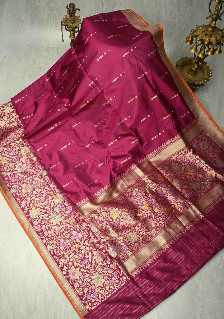 Dark Fuchsia Banarasi Meenakari Detailing on Kadhuwa Weave Pure Katan Silk Saree with Floral Zari Buttas and Skirt Border | SILK MARK CERTIFIED