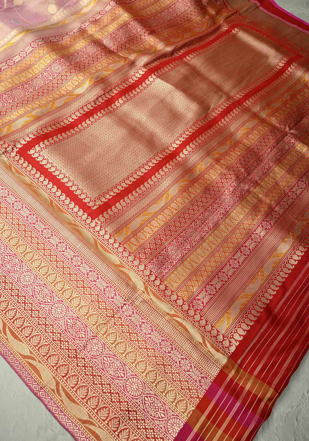 Pinkish Mauve Banarasi Katan Tissue Silk Saree with Sona Rupa Coin Buttas and Multicolor Wide Zari Border | SILK MARK CERTIFIED