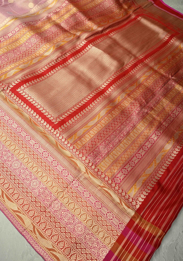 Pinkish Mauve Banarasi Katan Tissue Silk Saree with Sona Rupa Coin Buttas and Multicolor Wide Zari Border | SILK MARK CERTIFIED