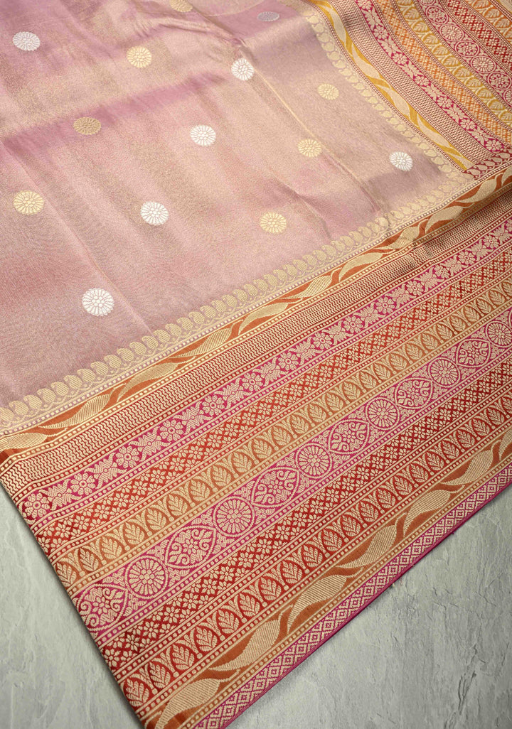Pinkish Mauve Banarasi Katan Tissue Silk Saree with Sona Rupa Coin Buttas and Multicolor Wide Zari Border | SILK MARK CERTIFIED