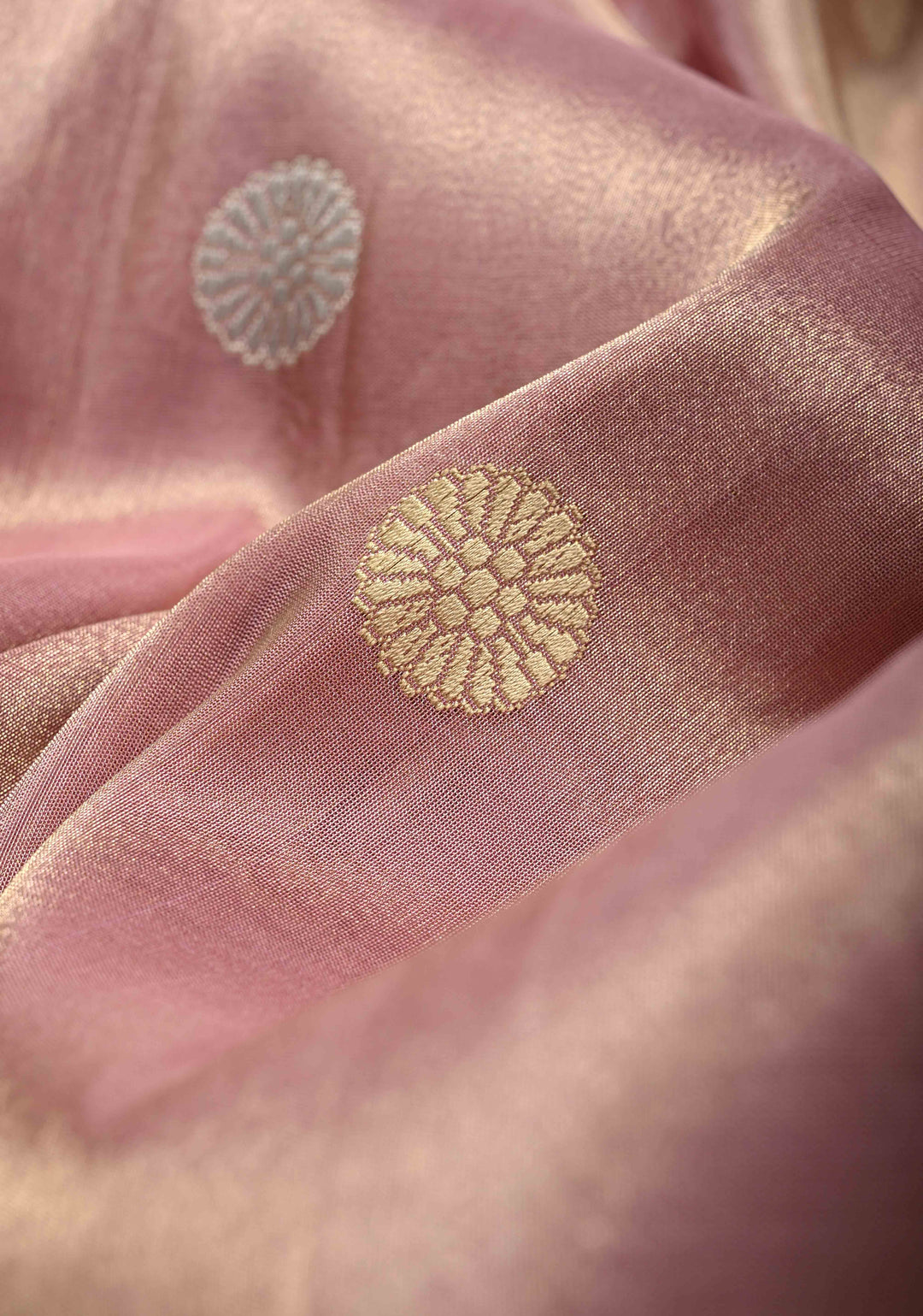 Pinkish Mauve Banarasi Katan Tissue Silk Saree with Sona Rupa Coin Buttas and Multicolor Wide Zari Border | SILK MARK CERTIFIED