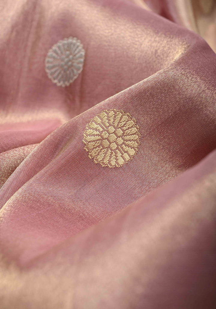 Pinkish Mauve Banarasi Katan Tissue Silk Saree with Sona Rupa Coin Buttas and Multicolor Wide Zari Border | SILK MARK CERTIFIED