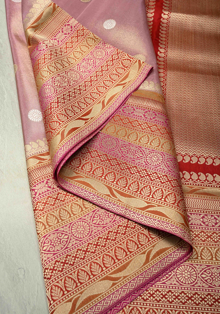 Pinkish Mauve Banarasi Katan Tissue Silk Saree with Sona Rupa Coin Buttas and Multicolor Wide Zari Border | SILK MARK CERTIFIED