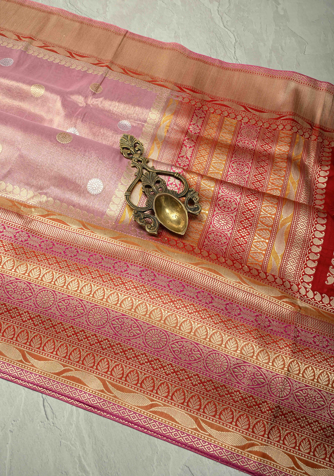 Pinkish Mauve Banarasi Katan Tissue Silk Saree with Sona Rupa Coin Buttas and Multicolor Wide Zari Border | SILK MARK CERTIFIED