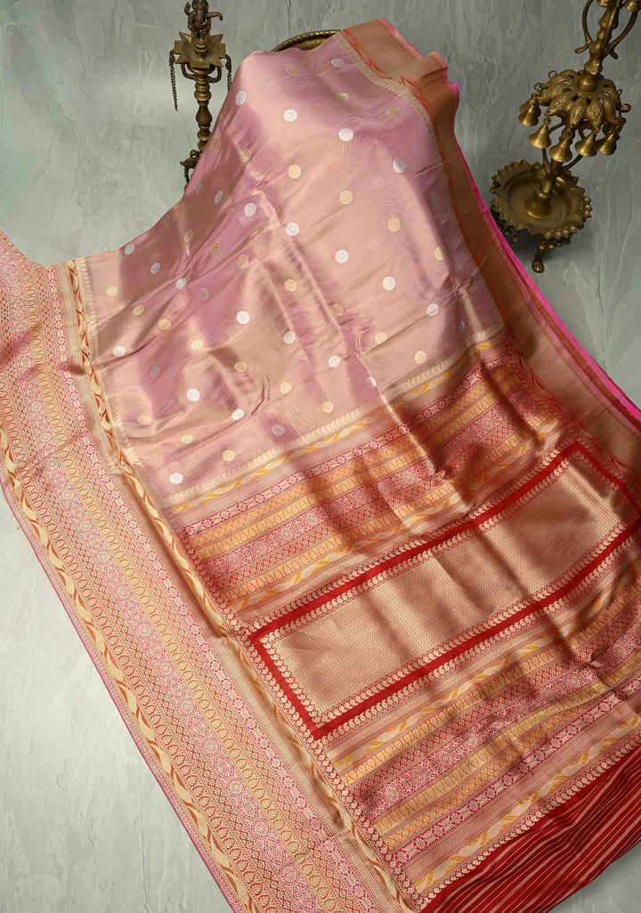 Pinkish Mauve Banarasi Katan Tissue Silk Saree with Sona Rupa Coin Buttas and Multicolor Wide Zari Border | SILK MARK CERTIFIED