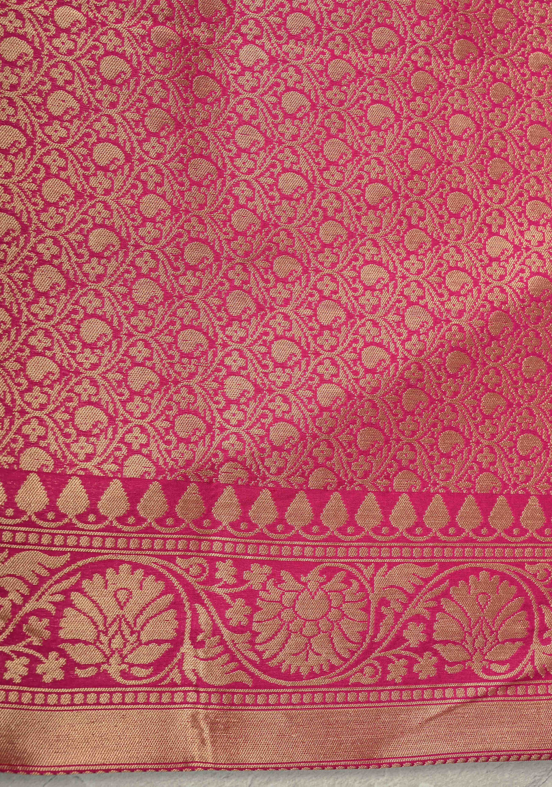 Rani Pink Banarasi Half Katan and Half Tissue Saree with Zari Buttas and One Side Meenakari Geometric Skirt Zari Border| SILK MARK CERTIFIED | SHOBITAM