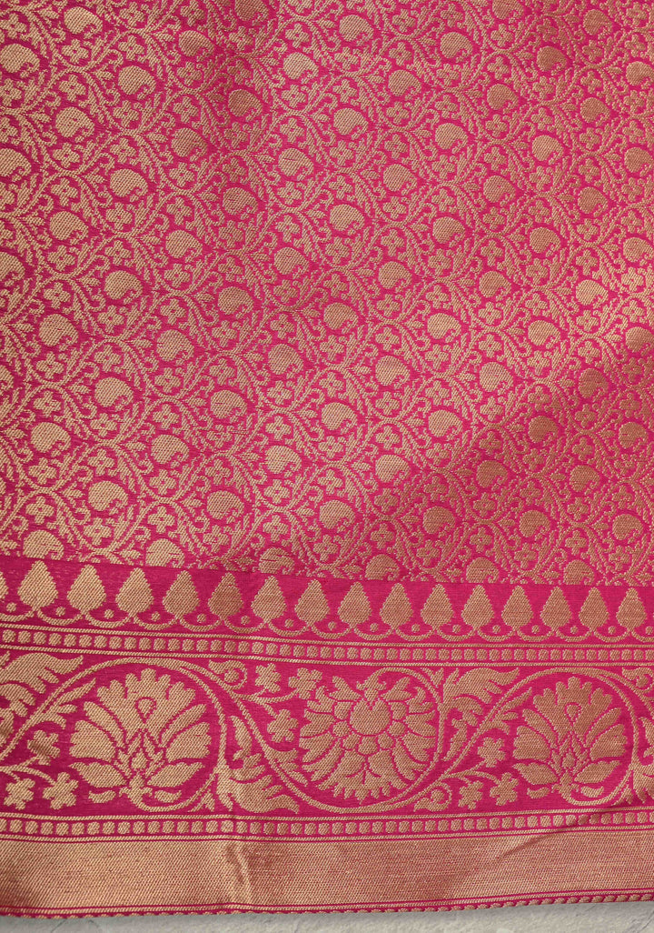 Rani Pink Banarasi Half Katan and Half Tissue Saree with Zari Buttas and One Side Meenakari Geometric Skirt Zari Border| SILK MARK CERTIFIED | SHOBITAM