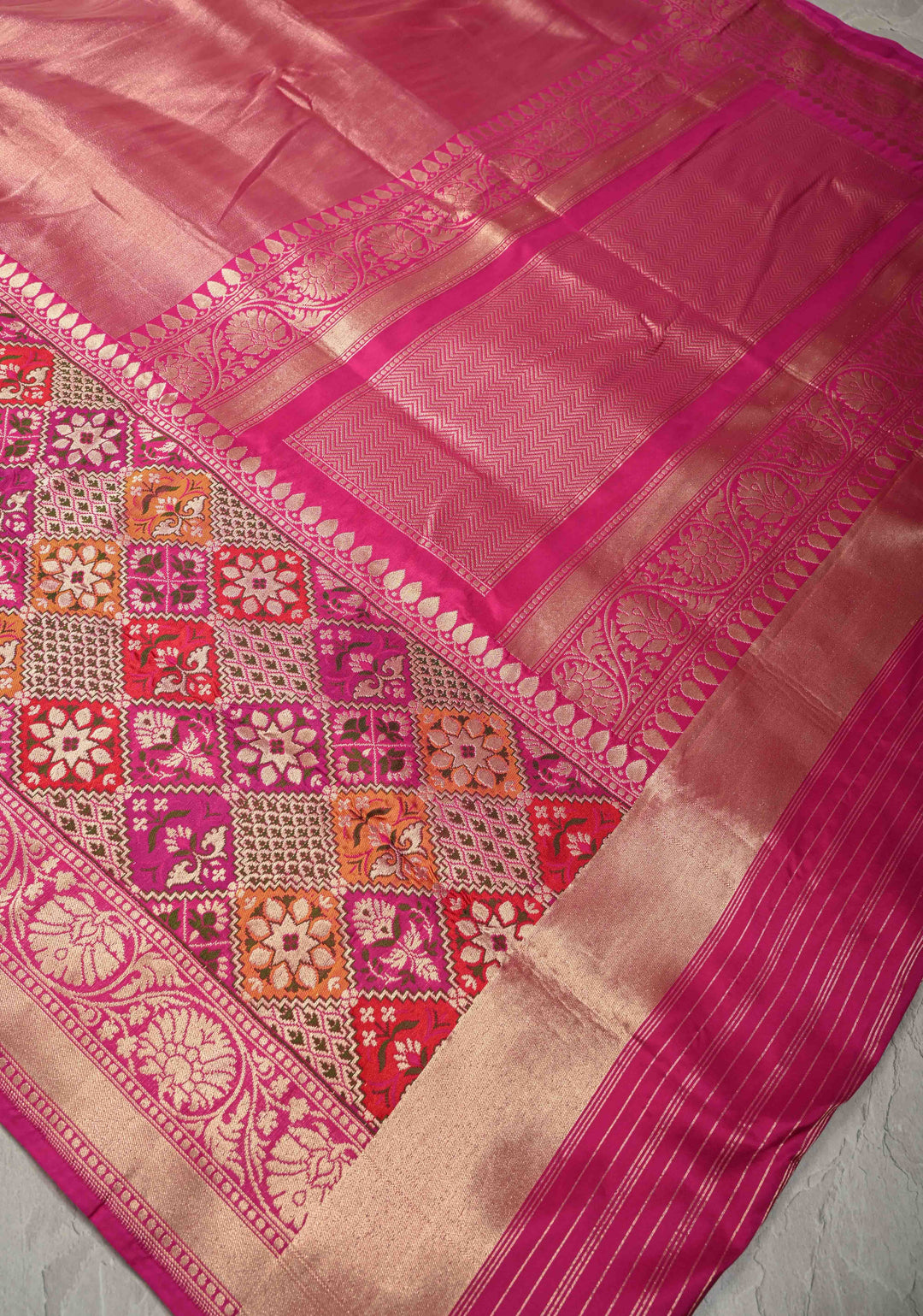 Rani Pink Banarasi Half Katan and Half Tissue Saree with Zari Buttas and One Side Meenakari Geometric Skirt Zari Border| SILK MARK CERTIFIED | SHOBITAM