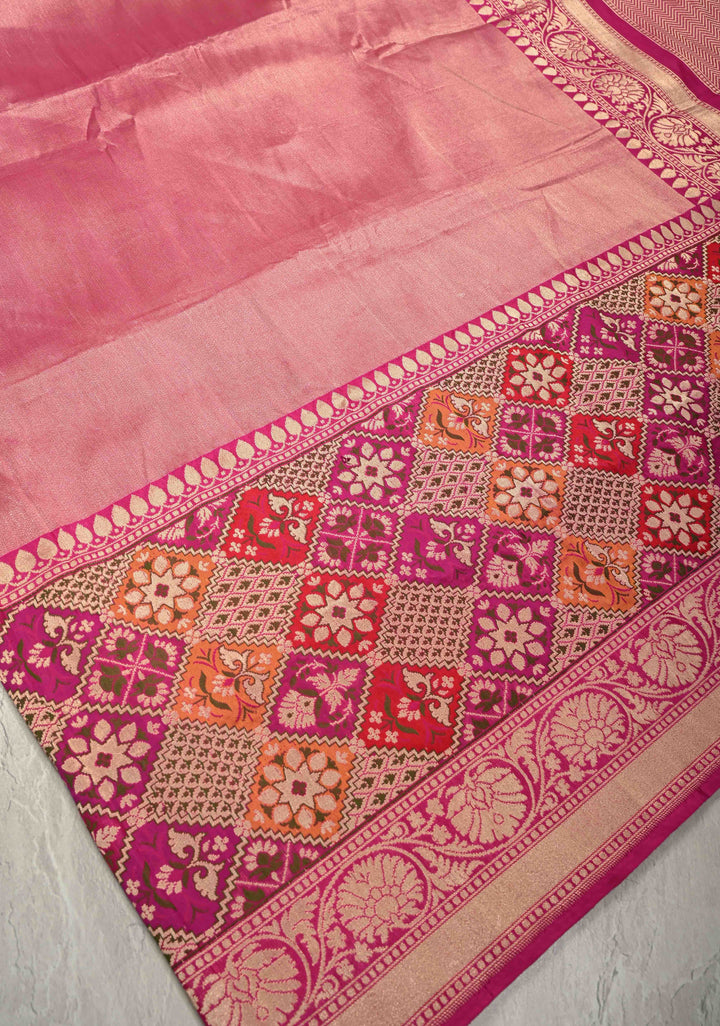 Rani Pink Banarasi Half Katan and Half Tissue Saree with Zari Buttas and One Side Meenakari Geometric Skirt Zari Border| SILK MARK CERTIFIED | SHOBITAM
