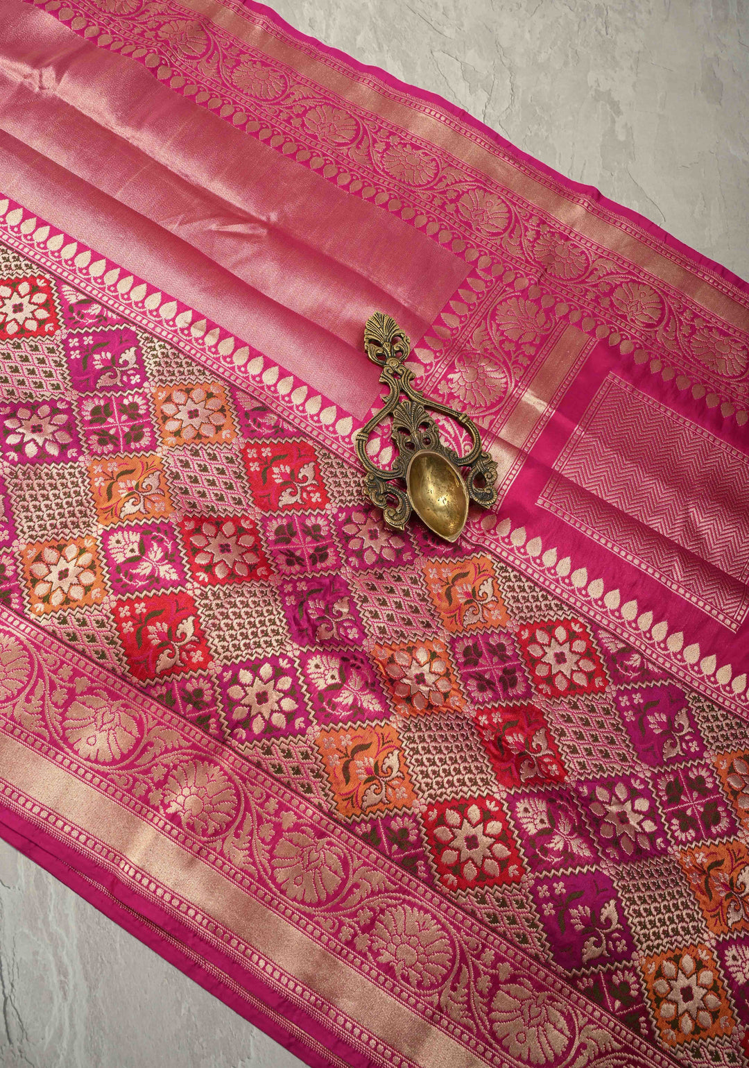 Rani Pink Banarasi Half Katan and Half Tissue Saree with Zari Buttas and One Side Meenakari Geometric Skirt Zari Border| SILK MARK CERTIFIED | SHOBITAM