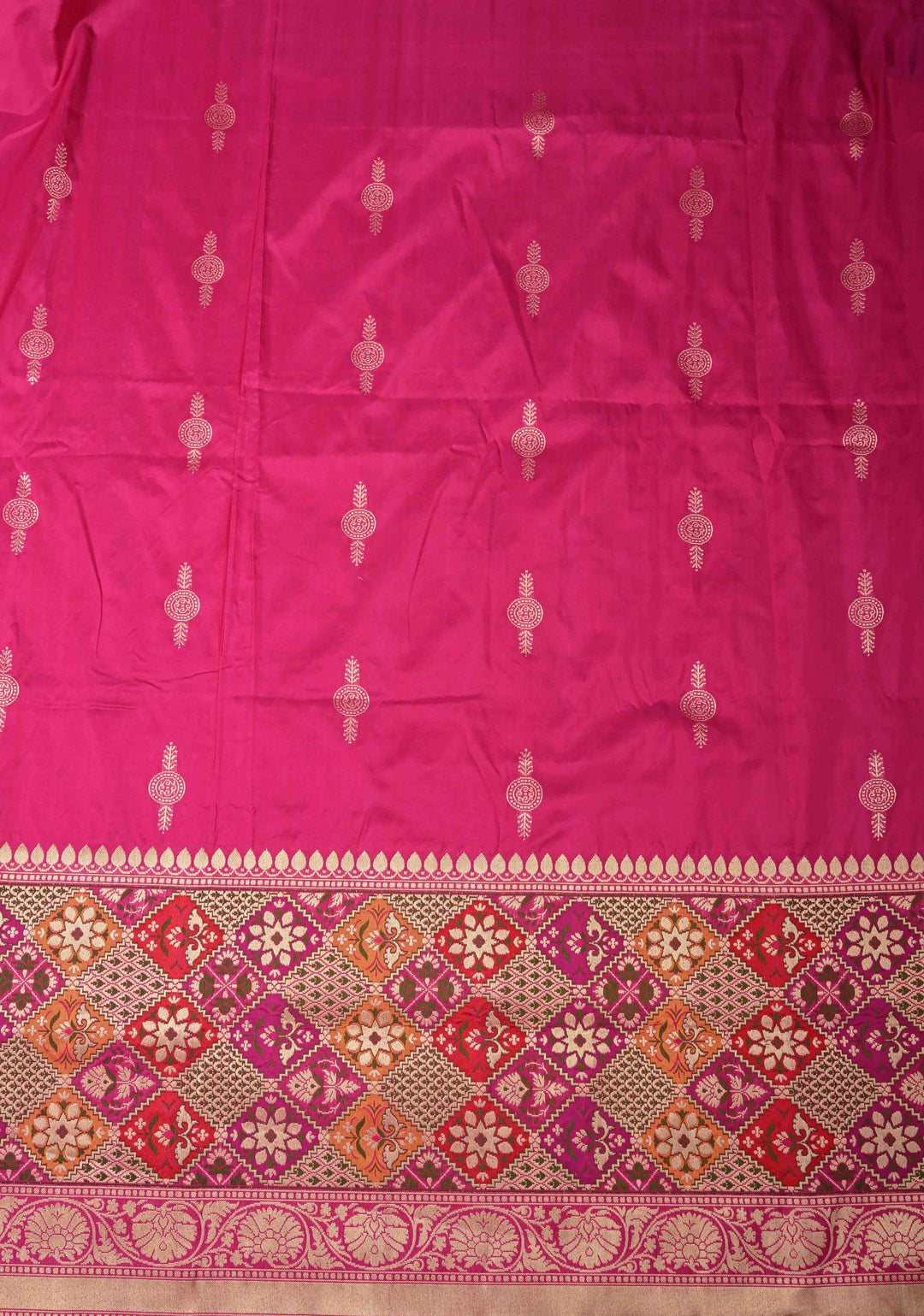 Rani Pink Banarasi Half Katan and Half Tissue Saree with Zari Buttas and One Side Meenakari Geometric Skirt Zari Border| SILK MARK CERTIFIED | SHOBITAM