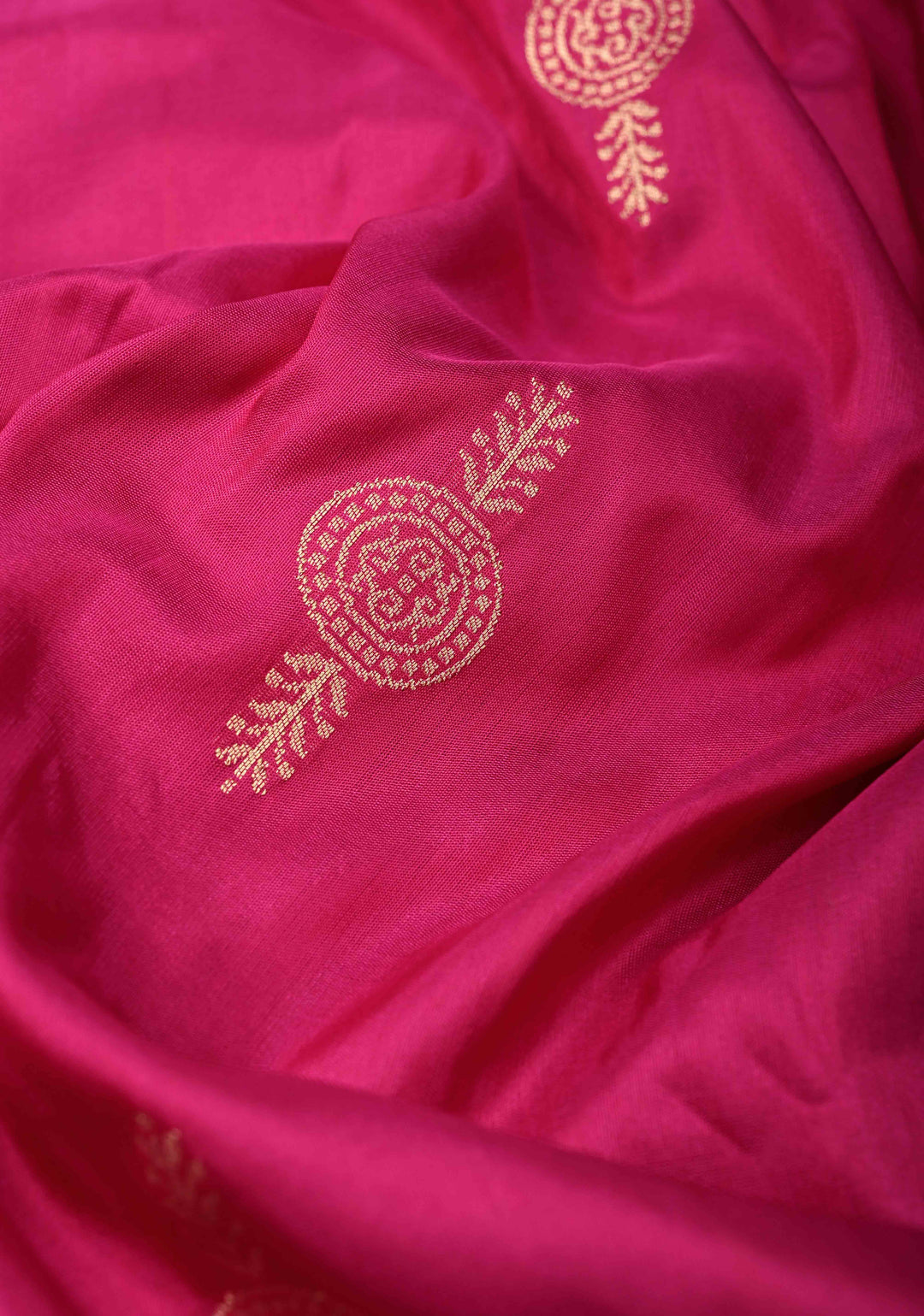 Rani Pink Banarasi Half Katan and Half Tissue Saree with Zari Buttas and One Side Meenakari Geometric Skirt Zari Border| SILK MARK CERTIFIED | SHOBITAM
