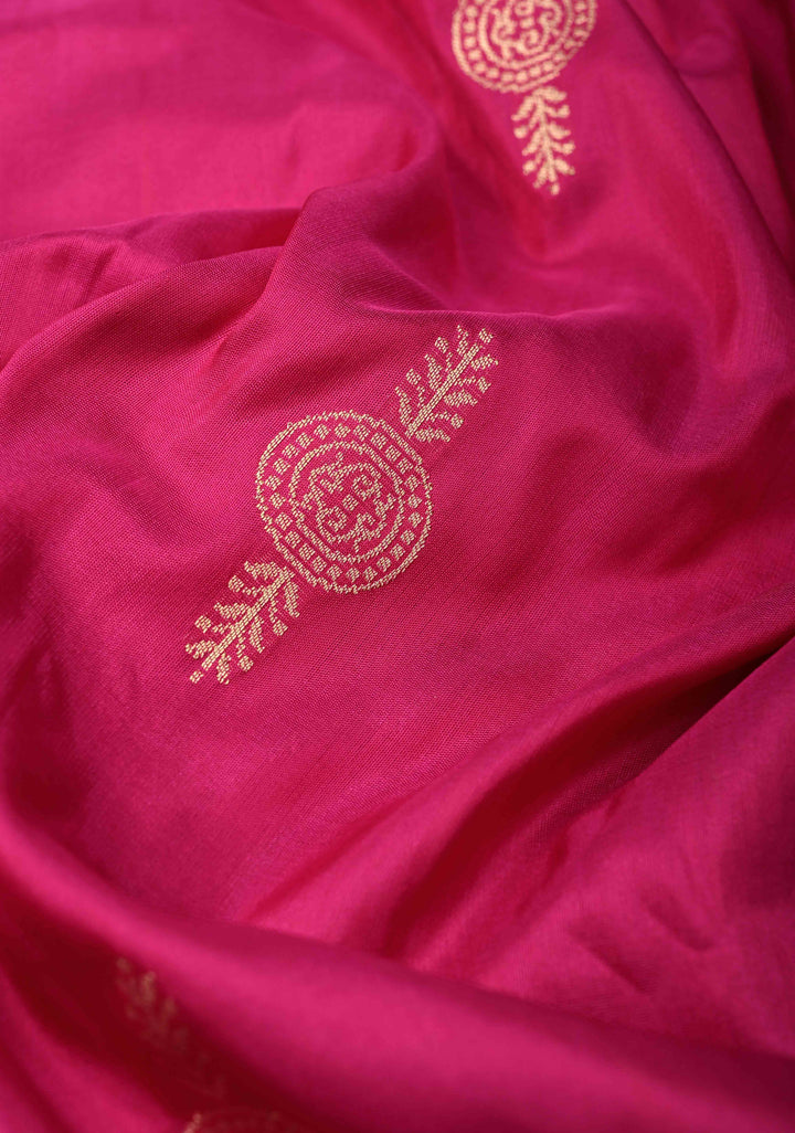 Rani Pink Banarasi Half Katan and Half Tissue Saree with Zari Buttas and One Side Meenakari Geometric Skirt Zari Border| SILK MARK CERTIFIED | SHOBITAM