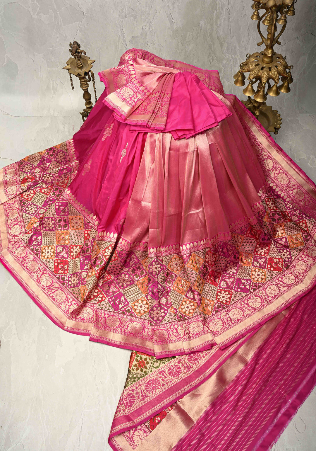 Rani Pink Banarasi Half Katan and Half Tissue Saree with Zari Buttas and One Side Meenakari Geometric Skirt Zari Border| SILK MARK CERTIFIED | SHOBITAM