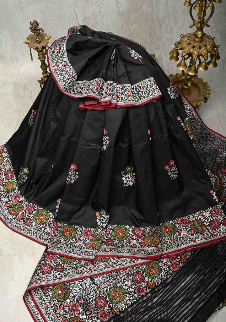 Elegant Black Banarasi Mashru Silk Saree with All-Over Meenakari Floral Buttas and Rose Border | SILK MARK CERTIFIED | SHOBITAM