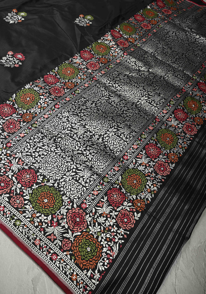 Elegant Black Banarasi Mashru Silk Saree with All-Over Meenakari Floral Buttas and Rose Border | SILK MARK CERTIFIED | SHOBITAM
