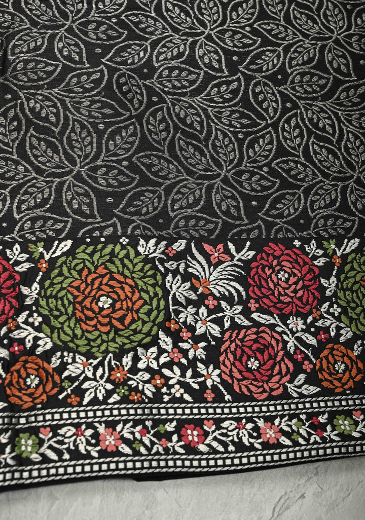 Elegant Black Banarasi Mashru Silk Saree with All-Over Meenakari Floral Buttas and Rose Border | SILK MARK CERTIFIED | SHOBITAM