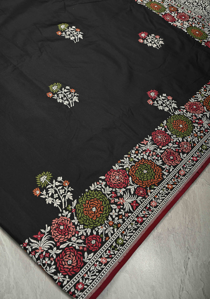 Elegant Black Banarasi Mashru Silk Saree with All-Over Meenakari Floral Buttas and Rose Border | SILK MARK CERTIFIED | SHOBITAM