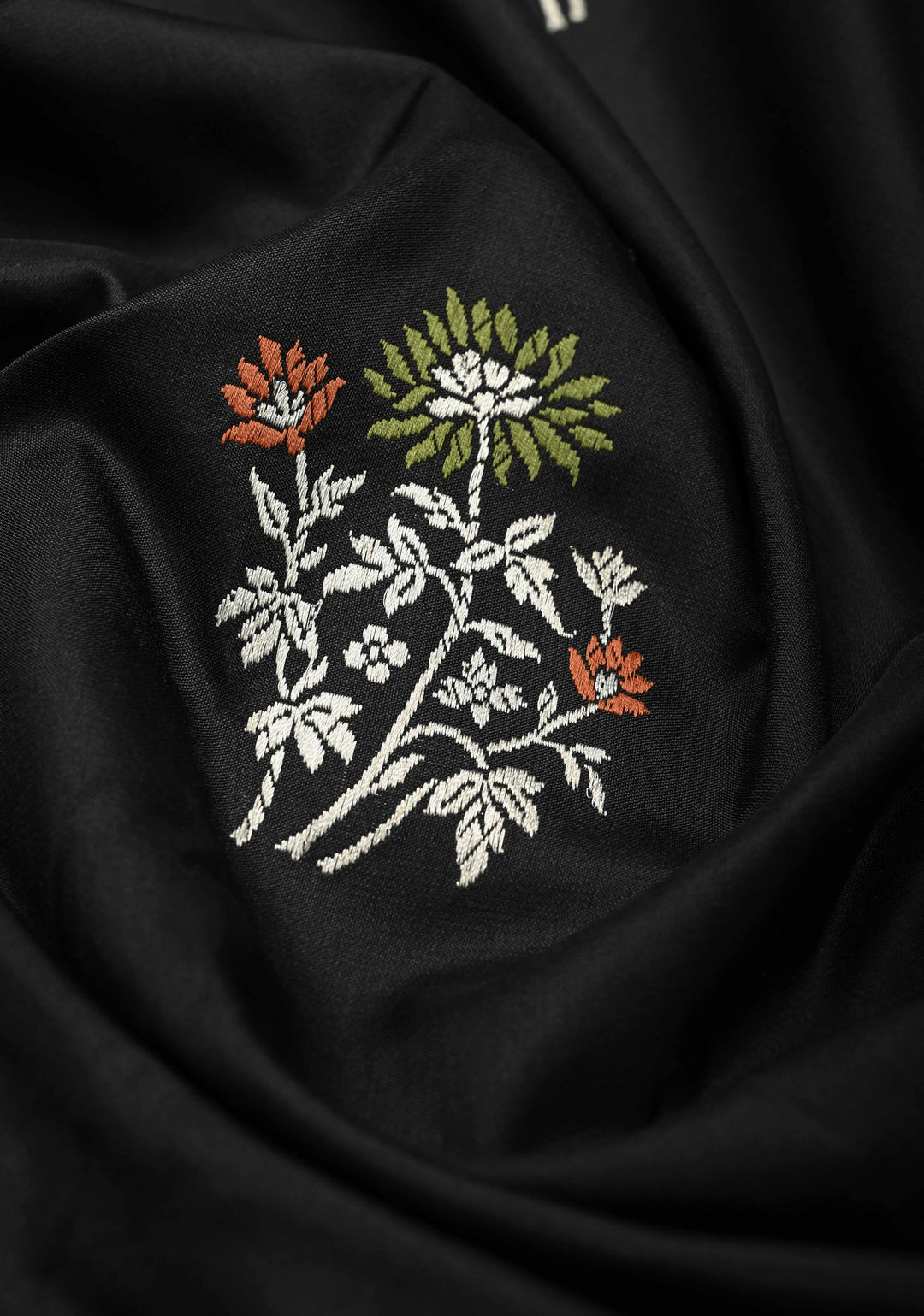 Elegant Black Banarasi Mashru Silk Saree with All-Over Meenakari Floral Buttas and Rose Border | SILK MARK CERTIFIED | SHOBITAM