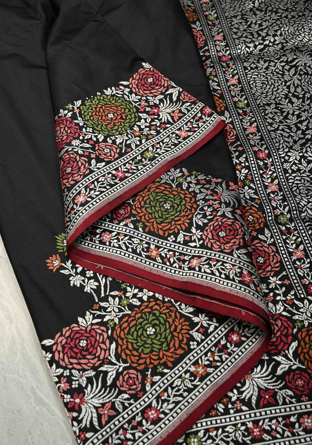 Elegant Black Banarasi Mashru Silk Saree with All-Over Meenakari Floral Buttas and Rose Border | SILK MARK CERTIFIED | SHOBITAM