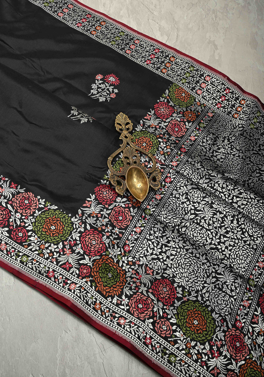 Elegant Black Banarasi Mashru Silk Saree with All-Over Meenakari Floral Buttas and Rose Border | SILK MARK CERTIFIED | SHOBITAM