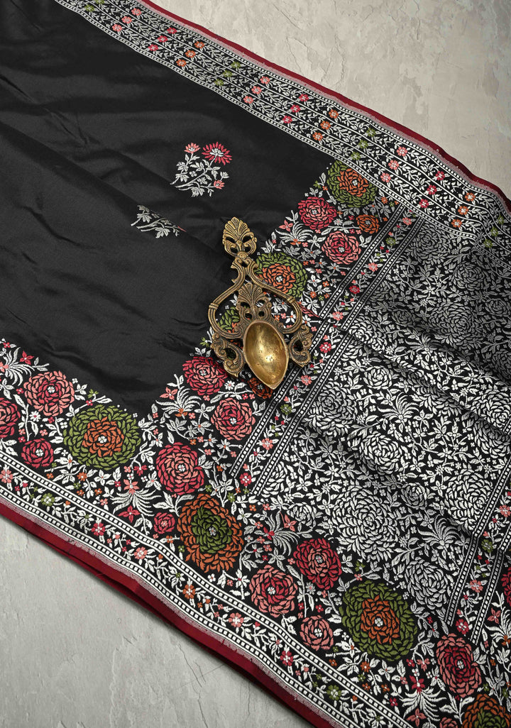 Elegant Black Banarasi Mashru Silk Saree with All-Over Meenakari Floral Buttas and Rose Border | SILK MARK CERTIFIED | SHOBITAM