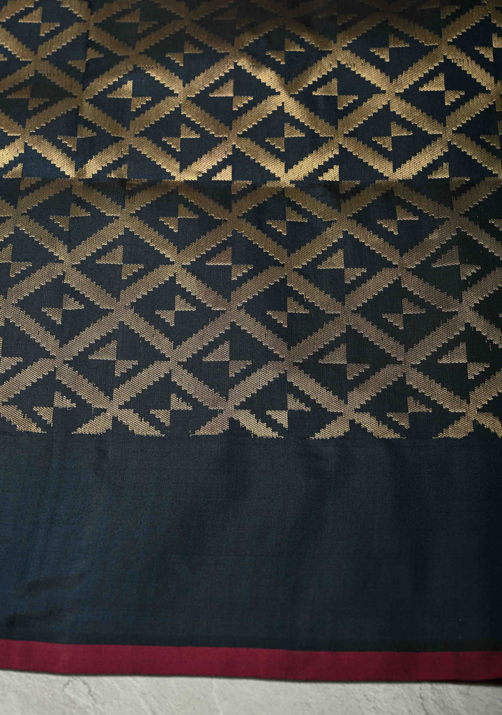 Midnight Blue Banarasi Katan Silk Saree with Sona Rupa Geometric Buttas on Zari Border | SILK MARK CERTIFIED | SHOBITAM