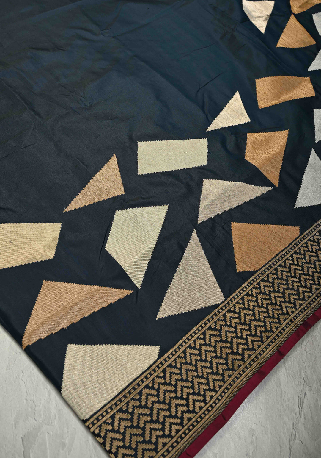Midnight Blue Banarasi Katan Silk Saree with Sona Rupa Geometric Buttas on Zari Border | SILK MARK CERTIFIED | SHOBITAM