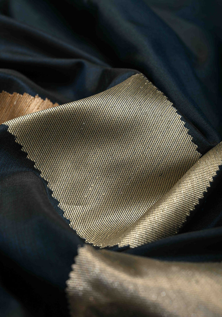 Midnight Blue Banarasi Katan Silk Saree with Sona Rupa Geometric Buttas on Zari Border | SILK MARK CERTIFIED | SHOBITAM