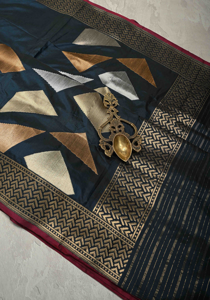 Midnight Blue Banarasi Katan Silk Saree with Sona Rupa Geometric Buttas on Zari Border | SILK MARK CERTIFIED | SHOBITAM