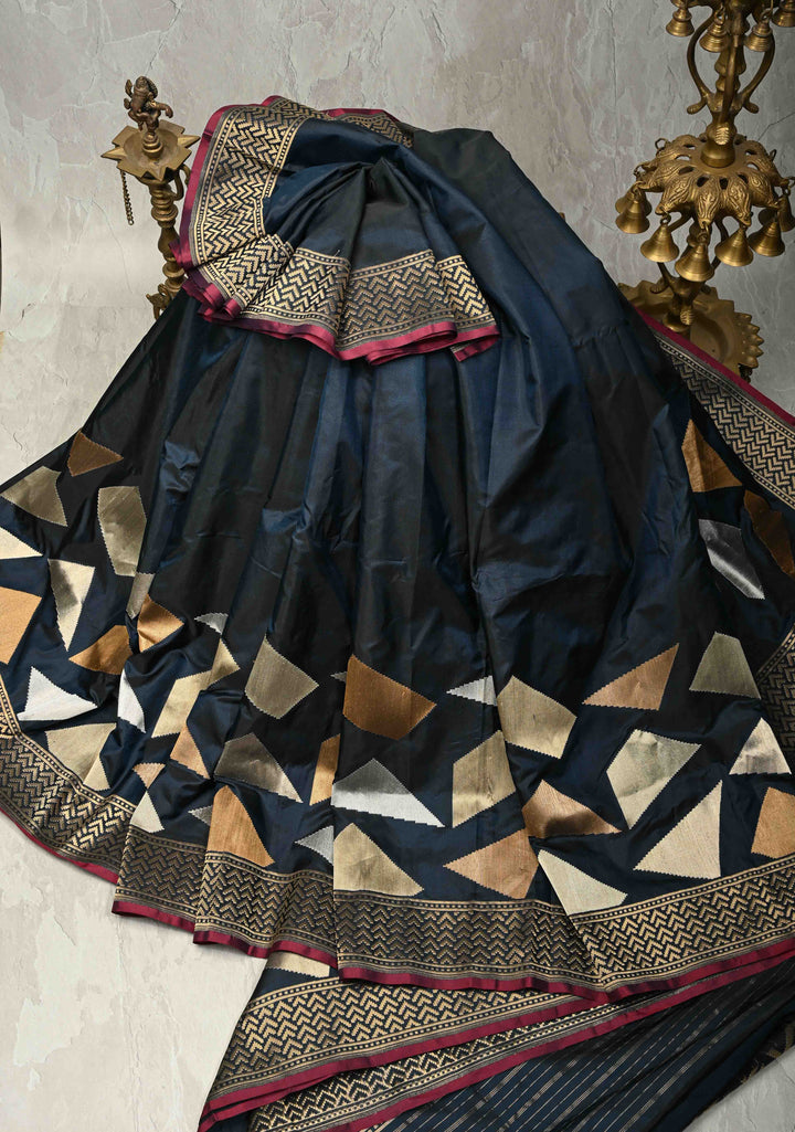 Midnight Blue Banarasi Katan Silk Saree with Sona Rupa Geometric Buttas on Zari Border | SILK MARK CERTIFIED | SHOBITAM