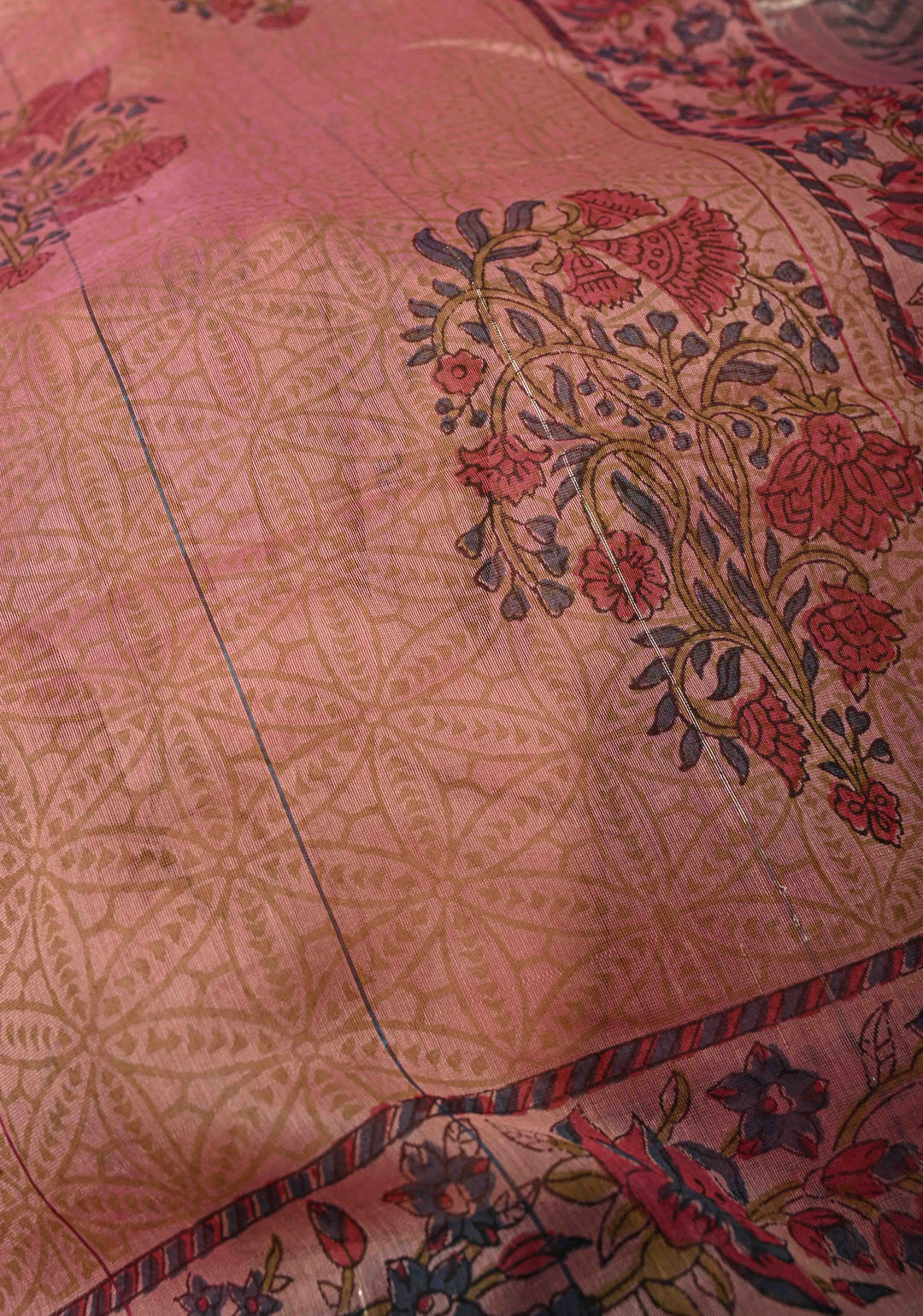 Pink Maheshwari Silk Cotton Saree with Floral Handblock Print and Tissue Pallu