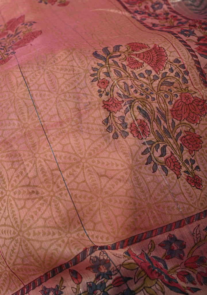 Pink Maheshwari Silk Cotton Saree with Floral Handblock Print and Tissue Pallu