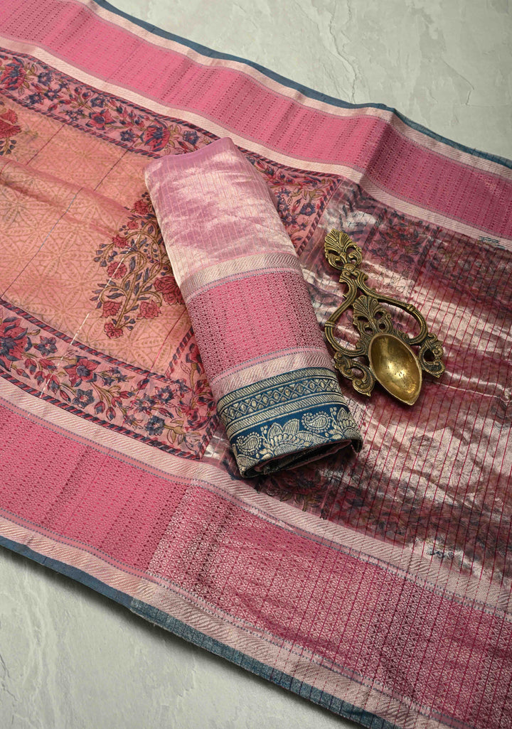 Pink Maheshwari Silk Cotton Saree with Floral Handblock Print and Tissue Pallu