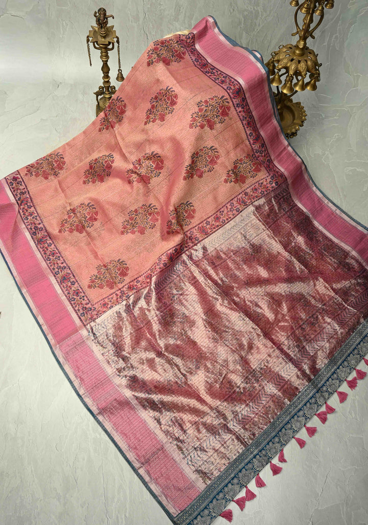 Pink Maheshwari Silk Cotton Saree with Floral Handblock Print and Tissue Pallu