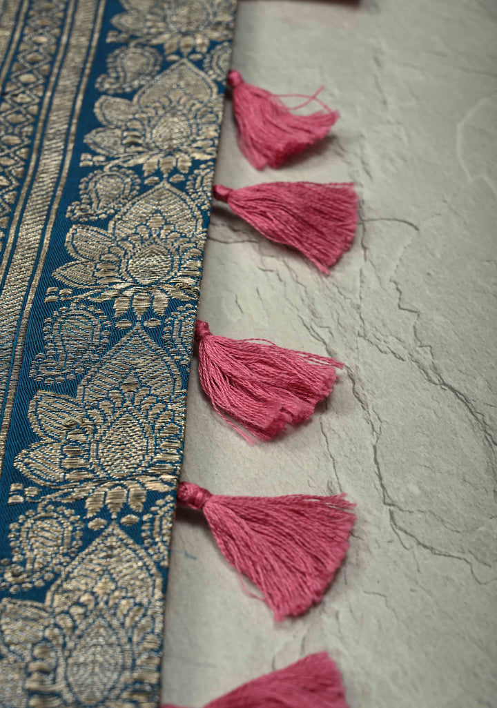 Pink Maheshwari Silk Cotton Saree with Floral Handblock Print and Tissue Pallu