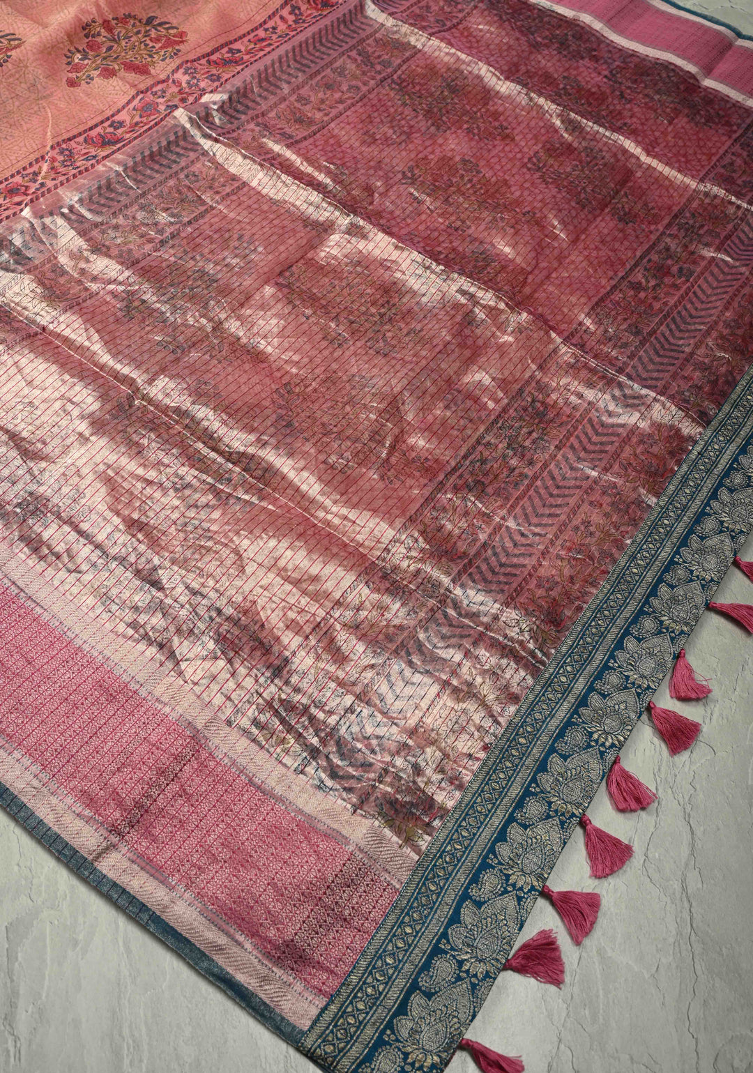 Pink Maheshwari Silk Cotton Saree with Floral Handblock Print and Tissue Pallu