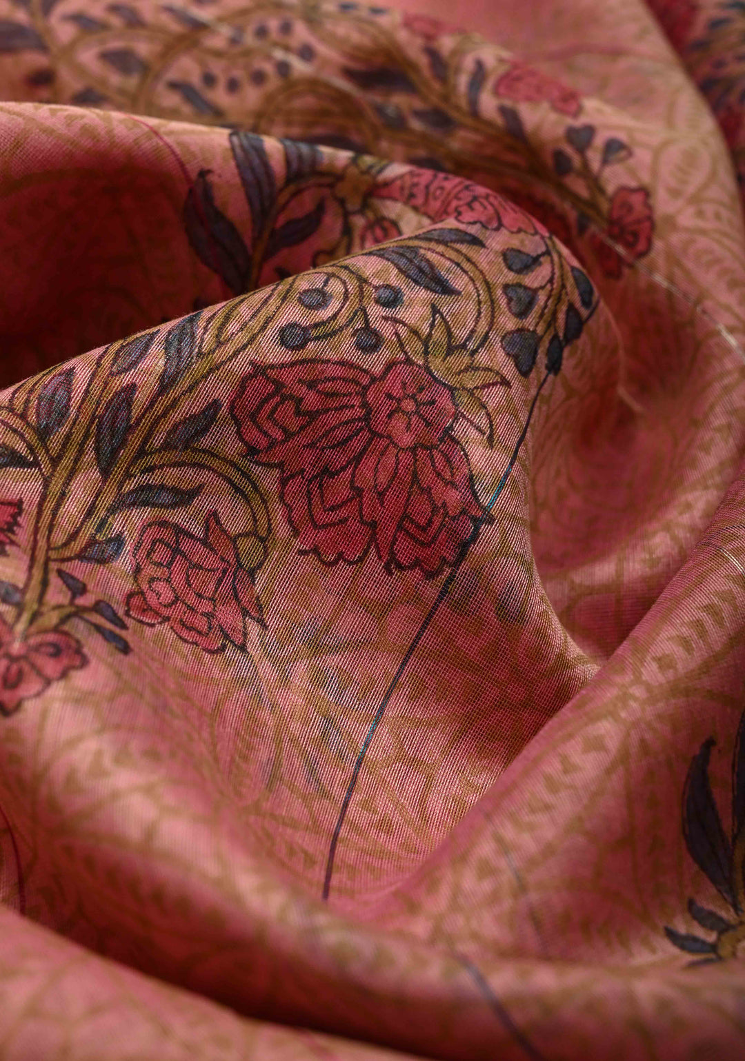 Pink Maheshwari Silk Cotton Saree with Floral Handblock Print and Tissue Pallu