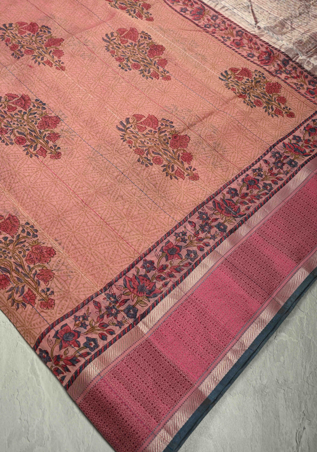Pink Maheshwari Silk Cotton Saree with Floral Handblock Print and Tissue Pallu