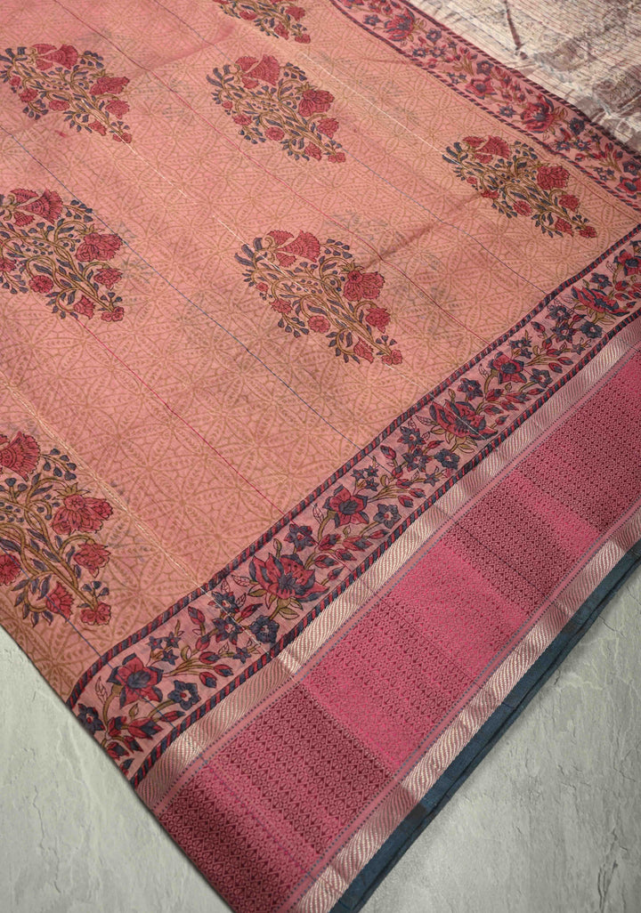 Pink Maheshwari Silk Cotton Saree with Floral Handblock Print and Tissue Pallu