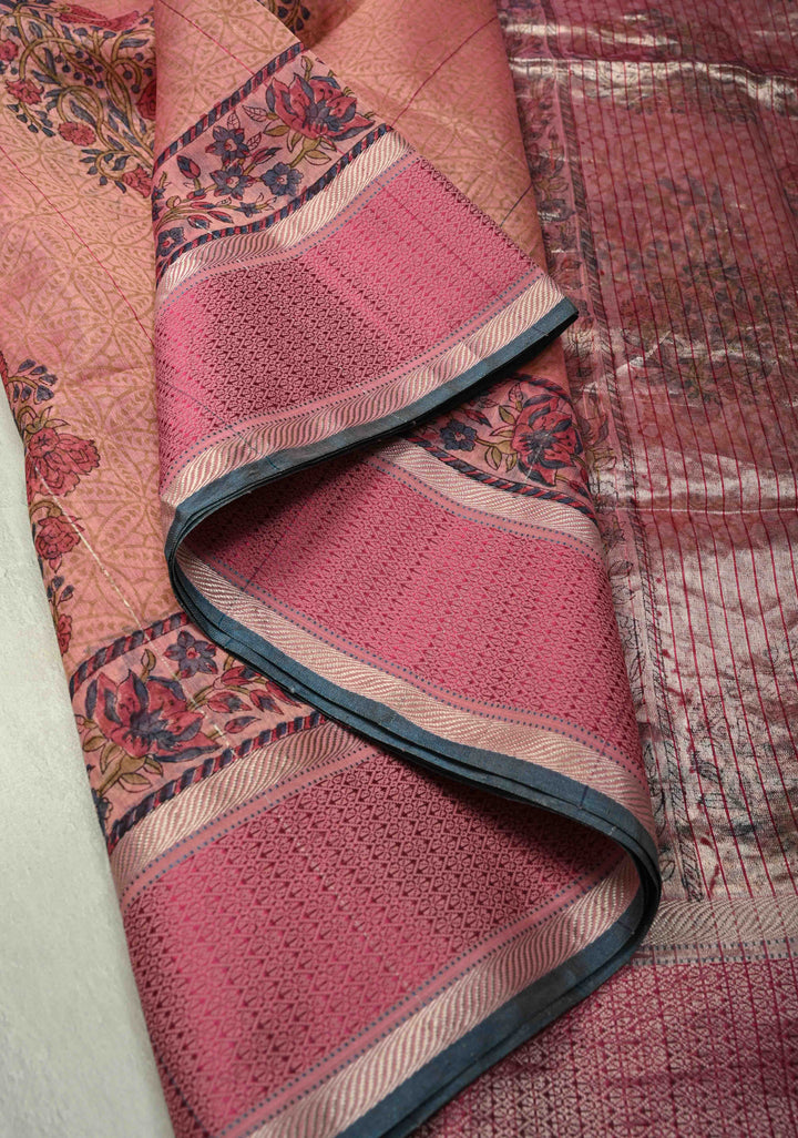 Pink Maheshwari Silk Cotton Saree with Floral Handblock Print and Tissue Pallu