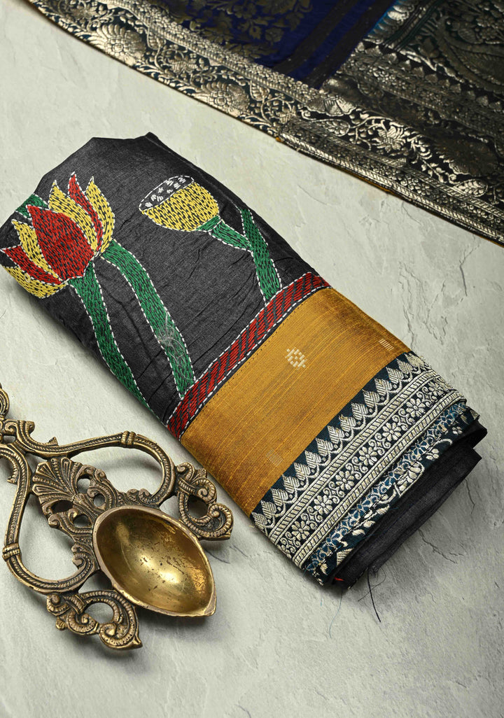 Royal Blue-Beige Dual Weave Half Bandhni Modal silk, Half Ikkat Raw Silk Saree Adorned with Zari Border | SILK MARK CERTIFIED